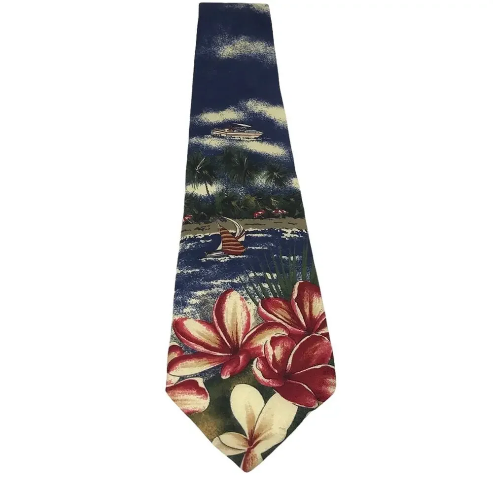 Oscar de la Renta Neckwear Silk Tie-Beach Scene, Plumeria, Boats, Palms